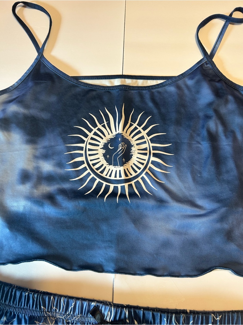 Satin Sun & Moon Navy Blue Cami and Shorts Sleep Set - Picture 3 of 10